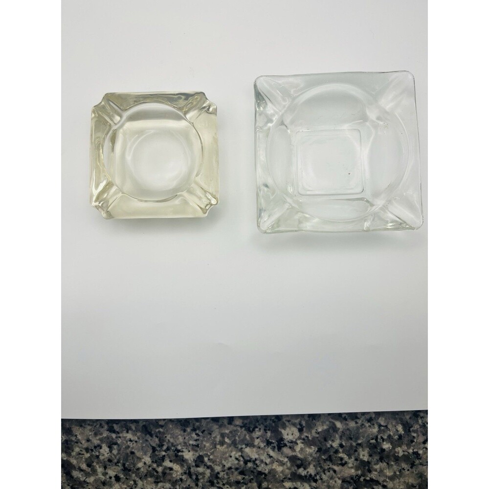 Set of 2 Vintage Clear Glass Square Ashtrays Mid Century Modern Heavy Glass